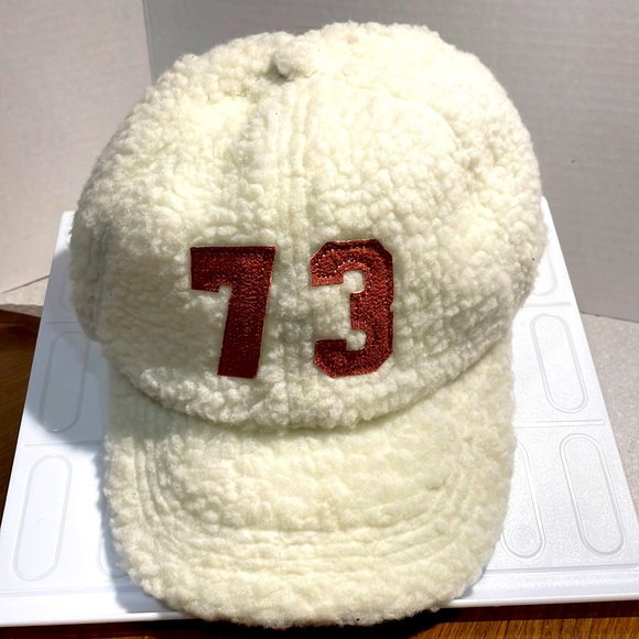NWT Old East Main Co ivory Sherpa baseball hat with #73 in Dusty Rose suede - Picture 1 of 5